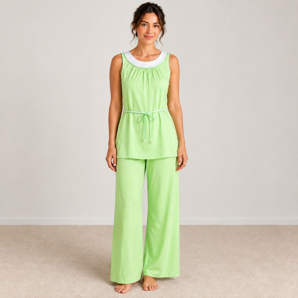NWOT Lorraine Vintage 70s Lime Green White Trim Sleeveless Pajama Set Size 34